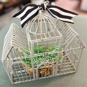 Decorative Wire Birdcage with Black and White Ribbon
